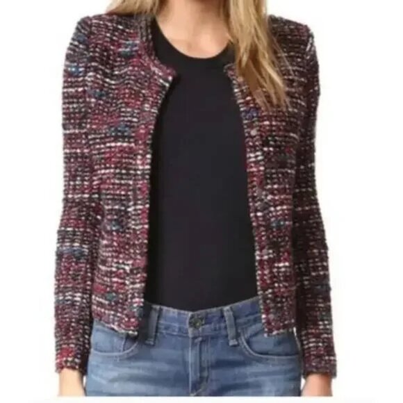 IRO Carene Tweed Jacket Blazer Knit Knotted Boucle Red Black Wool Blend Size 10 - Picture 2 of 5